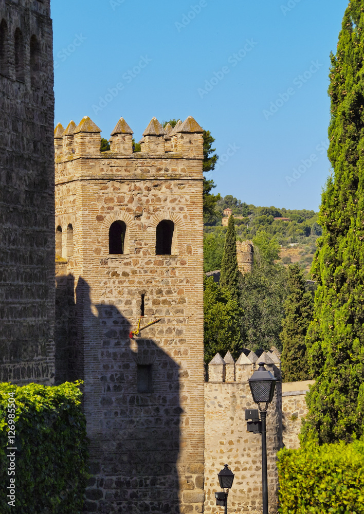 Spain, Castile La Mancha, Toledo, View of the city walls..