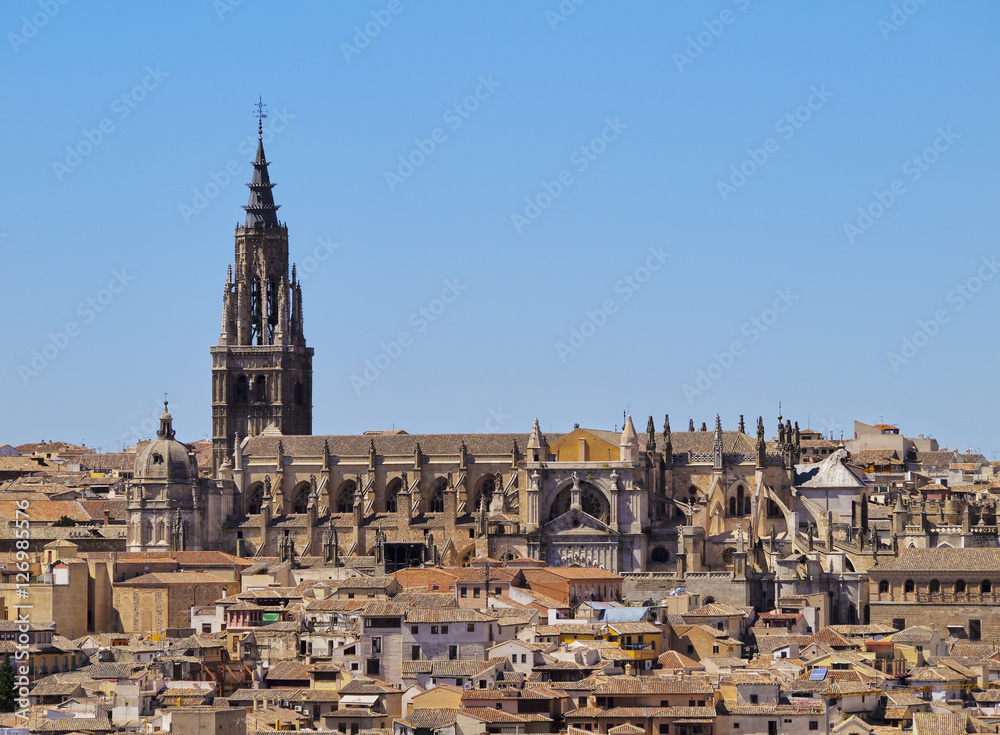 Spain, Castile La Mancha, Toledo, View of the Cathedral of Toledo..