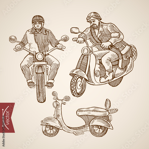 Engraving hand vector biker driving bike helmet glasses