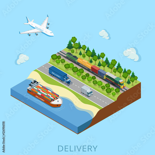 Flat isometric Train cargo Truck Barge Plane vector 3d transport