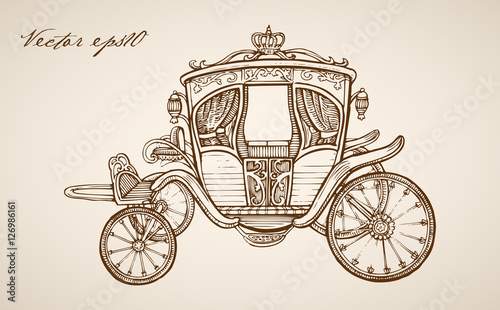 Obraz na płótnie Engraving hand vector carriage Pencil Sketch transport