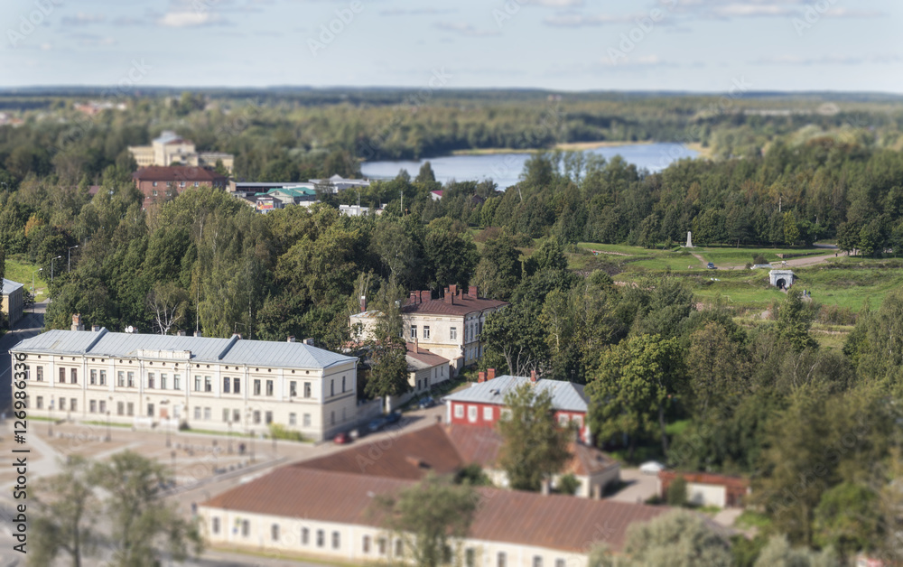 A view of the estuary of Vuoksi and the Gulf of Finland in the lookout tower in Vyborg, Tilt shift blur effect.