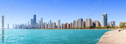 Chicago city skyline, panoramic morning view over Lake Michigan, USA.