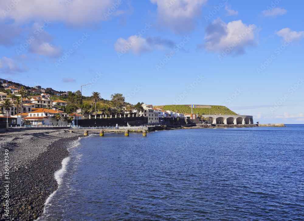 Portugal, Madeira, View of the stone beach in Santa Cruz..
