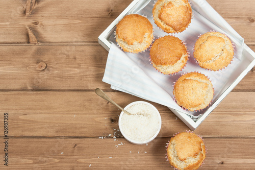 Coconut Muffins. Pennant Flags Holiday Decorations.