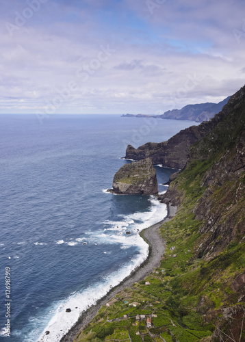 Portugal, Madeira, Santana, Elevated view towards the Rocha do Navio Reserve and Ponta de Catarina Pires..