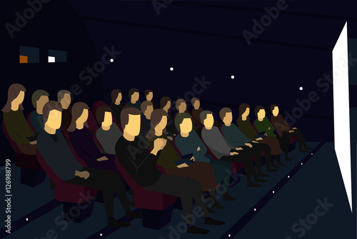 People sitting in a movie theater. Watch camera angle. Racurs with side. Is seen face.