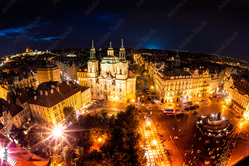 Overview of Old Town Square and the Church of Our Lady before Tyn. Prague, Czech Republic