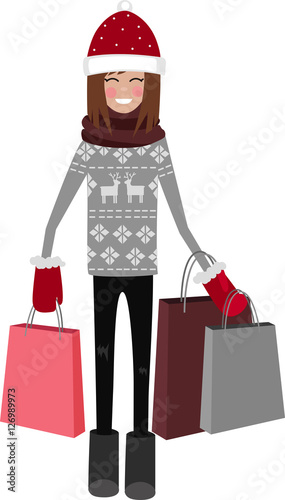 Happy shopper. The girl holds packages. Big Sale. Vector illustration of a flat design style with gifts. Girl with Santa hat.