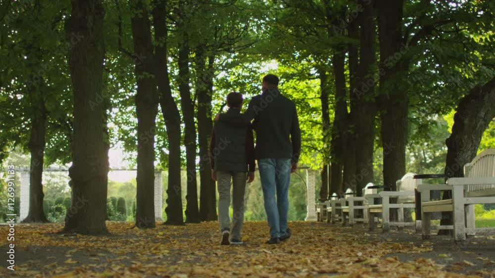 Father and Son Walking in the Park. Back View Shot. Shot on RED Cinema Camera in 4K (UHD) Father and Son Walking in the Park. Back View Shot. Shot on RED Cinema Camera in 4K (UHD)
