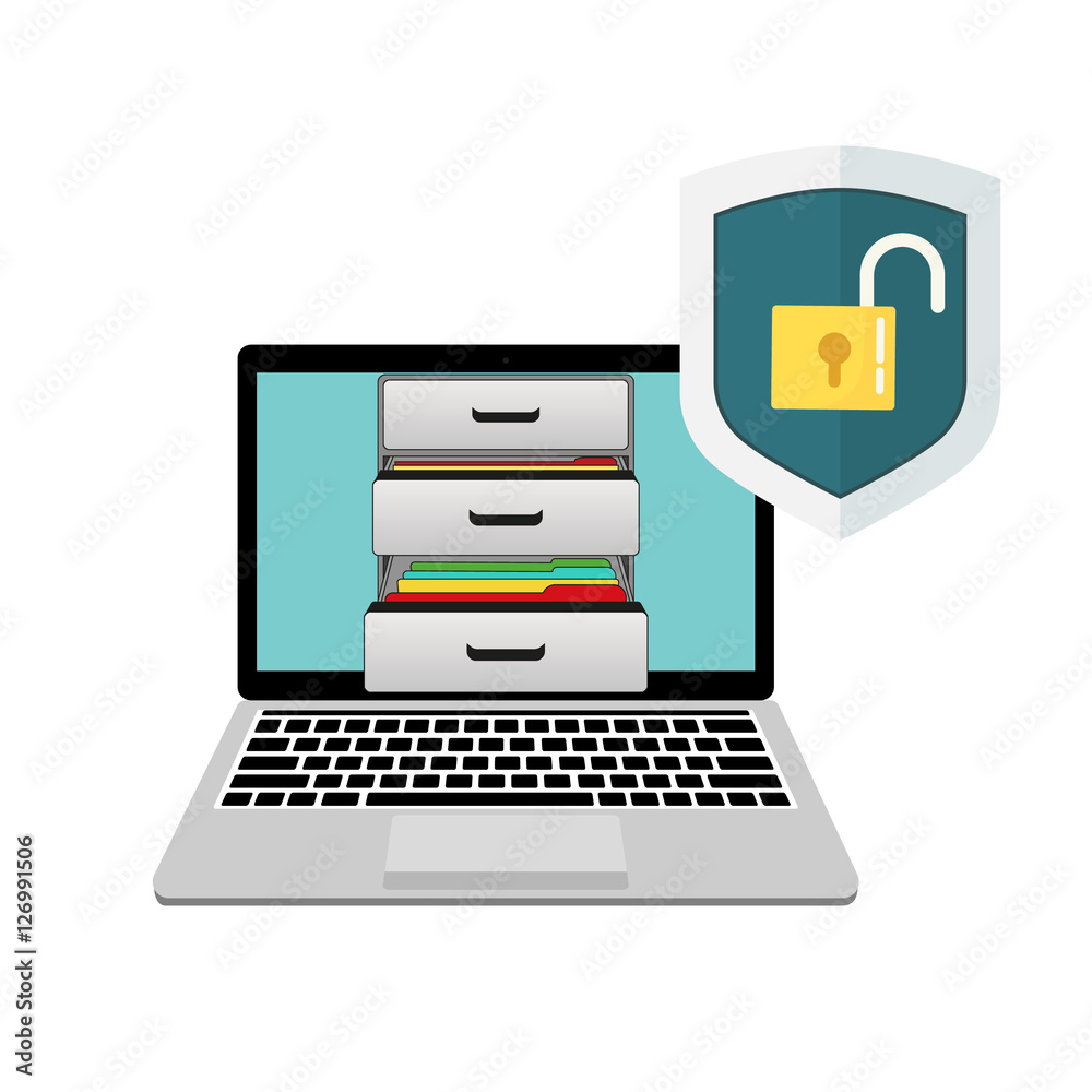 Laptop with boxes of documents and unprotected shield. Shield and open lock. Laptop with boxes of documents and unprotected shield. Shield and open lock.