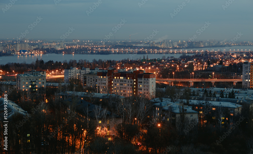 View of city in the evening. Cityscape of night Voronezh city.