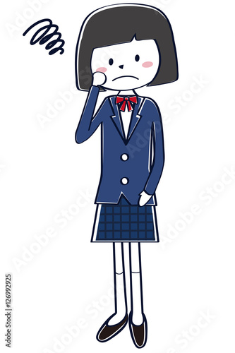 紺色のブレザーの学生　女子　学生　おかっぱ　全身　困る