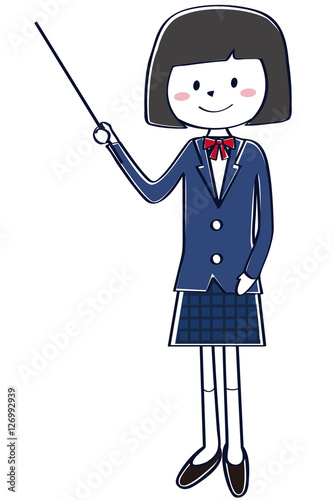 紺色のブレザーの学生　女子　学生　おかっぱ　全身
解説