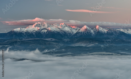 Beautiful autumn panorama from Pieniny over Spisz highland to snowy Tatra mountains in the morning, Poland