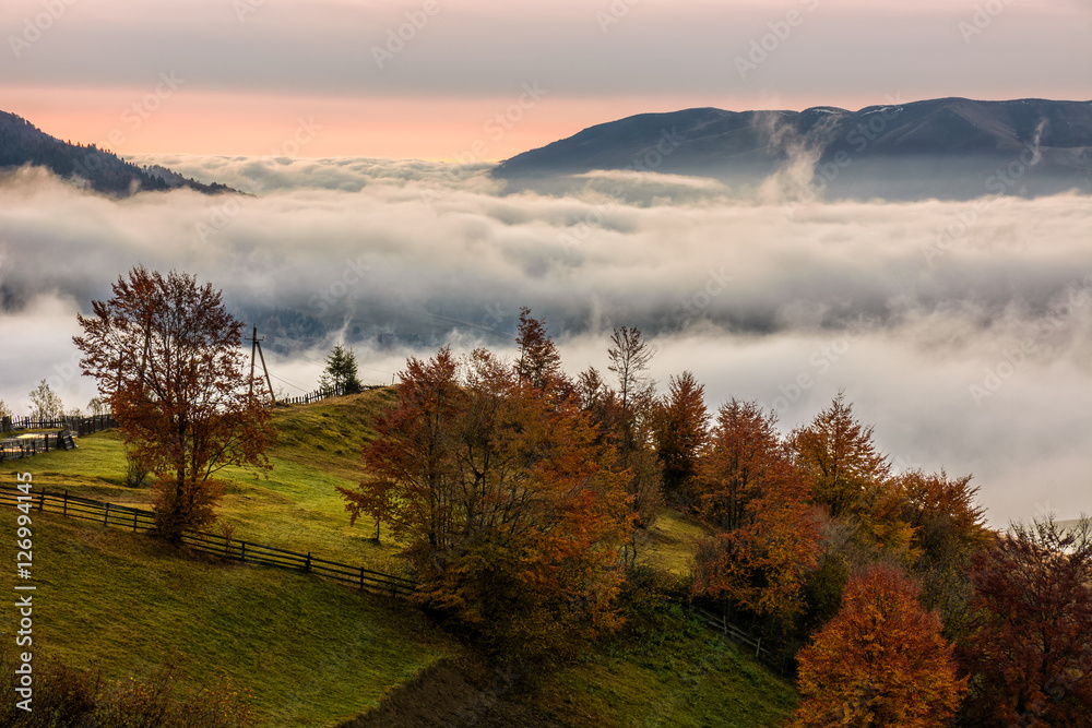 foggy sunrise in high mountains