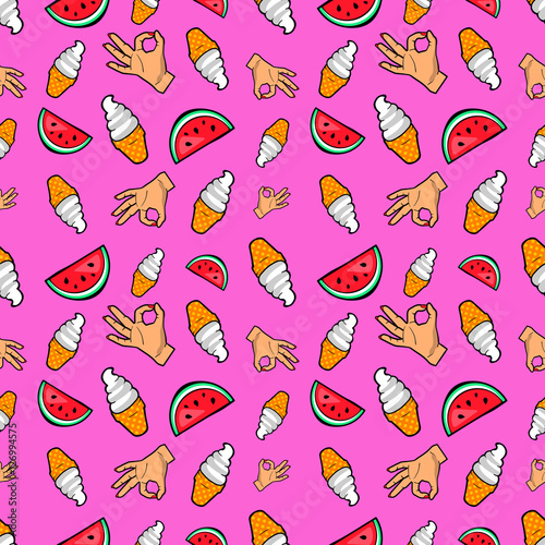 Hands Ice Cream and Watermelon Seamless Pattern. Vector Background in Retro Comic Style