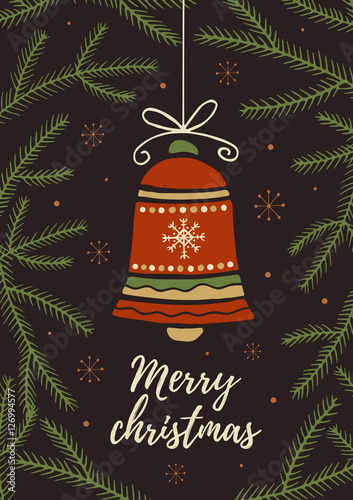 Christmas card. Christmas bell. Hand drawn Christmas and New Year vector elements. This illustration can be used as a greeting card, poster or print.