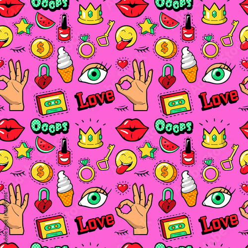 Lips Hands Cosmetics and Emoticons Seamless Pattern. Fashion Background in Retro Comic Style. Vector illustration