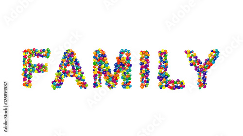 Colorful balls forming the word family