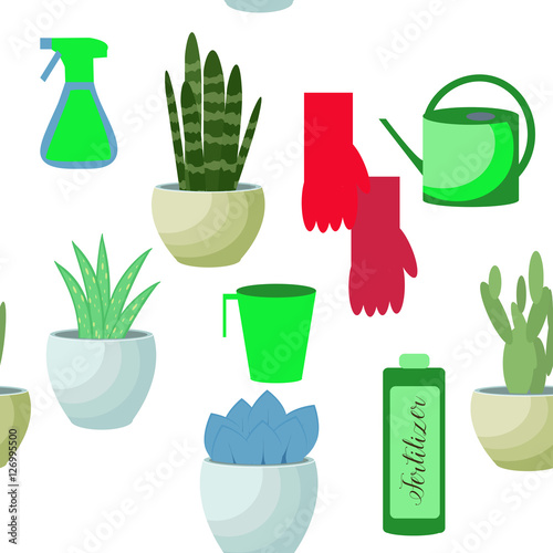Schilderij op canvas Seamless vector pattern of drawn house plants.