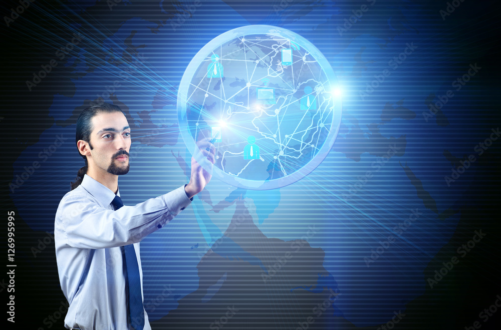 Young man in social network concept Young man in social network concept