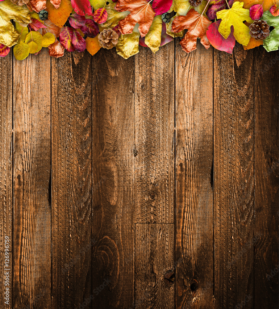 Autumn Leaves over a Natural Dark Wooden background. Old dirty wood