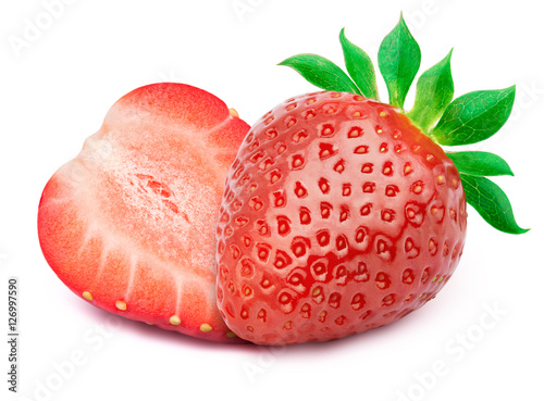 Perfectly retouched strawberry with sliced half and leaves isolated on white background whith clipping path