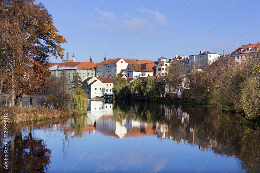 Fototapeta premium Colorful royal medieval Town Pisek above the river Otava, Czech Republic 