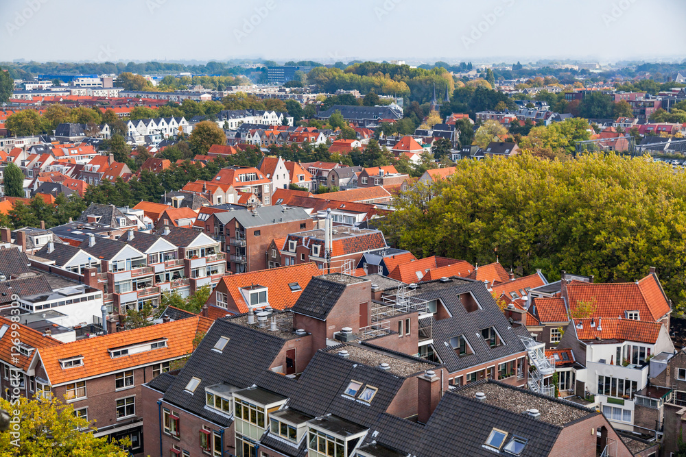The aerial view of Delft old town