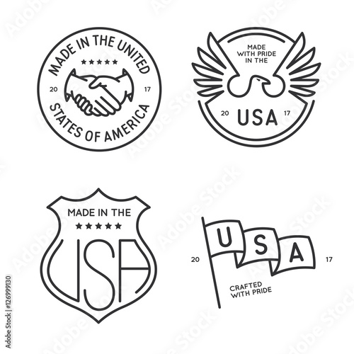 Made in usa labels badges stamps set. Vector vintage monochrome illustration.