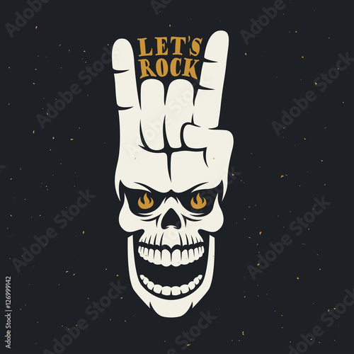 Plakat Pozwala plakat związany z muzyką rockową z gestem czaszki i dłoni. Vintage ilustracji wektorowych.