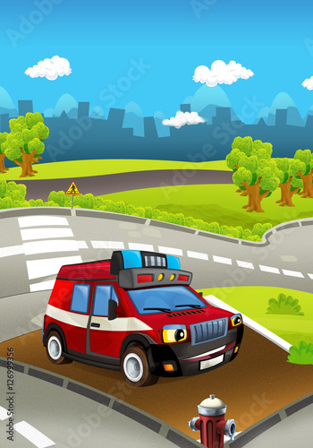 Cartoon stage with different machines for firefighting - truck - colorful and cheerful scene - illustration for children