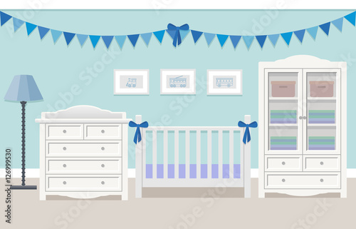Baby room interior for boy with white furniture in flat style. Modern blue nursery design. Vector illustration.