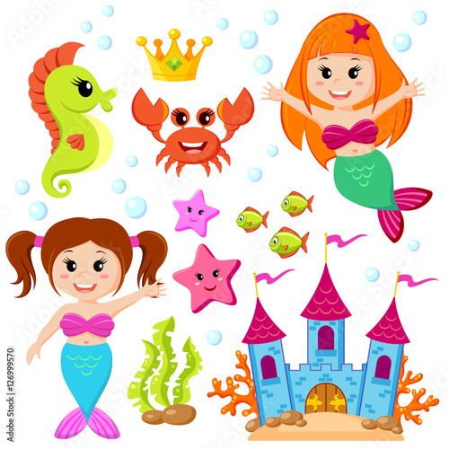 Mermaid  underwater castle and sea animals. Fish  starfish  seahorse  crab  crovn