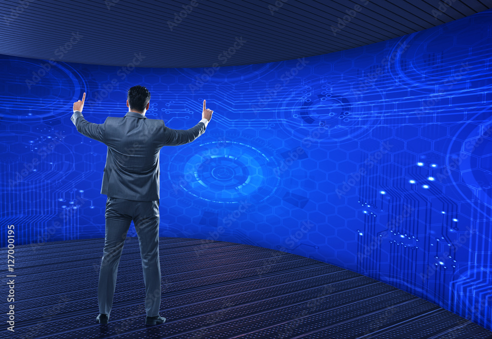 Obraz premium Businessman pressing virtual buttons in futuristic concept