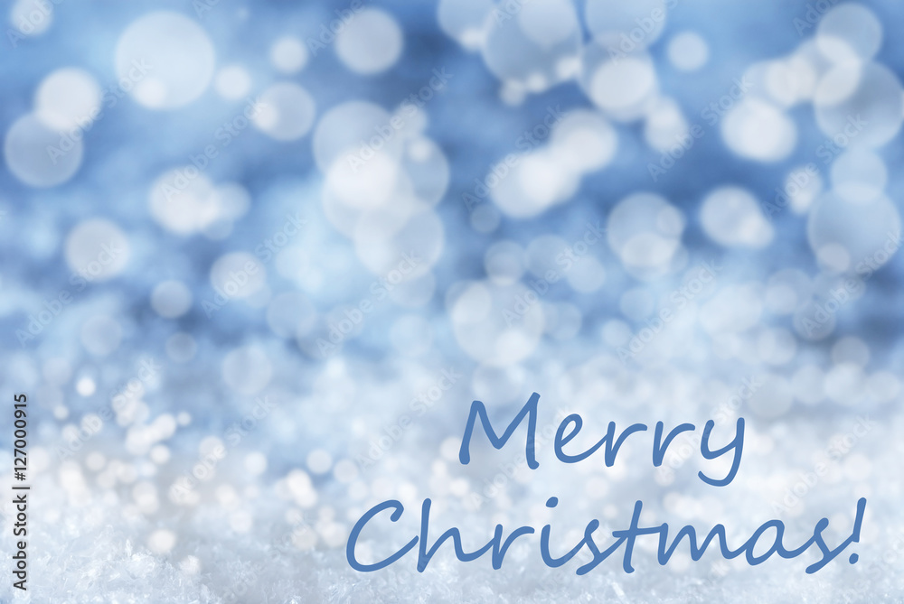 Blue Bokeh Background, Snow, Text Merry Christmas