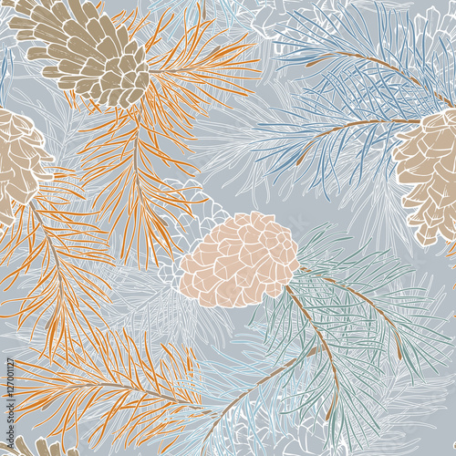 Hand-Drawn seamless pattern with pine cones and branches of coniferous evergreen tree