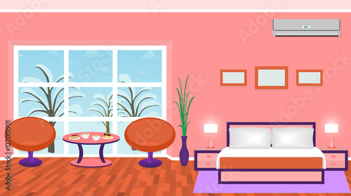 Bright bedroom interior with modern furniture and winter landscape outside the window.