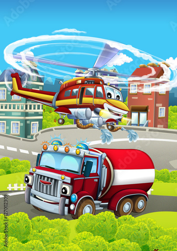 Cartoon stage with different machines for firefighting - truck and helicopter - colorful and cheerful scene - illustration for children