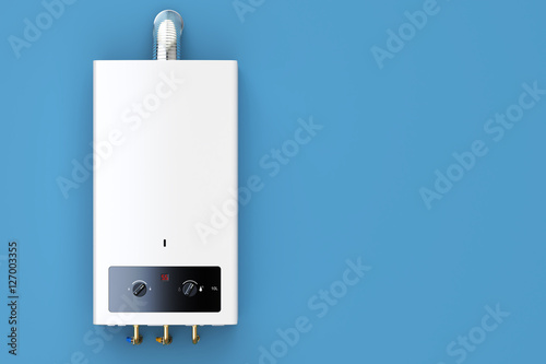 Home gas boiler, water heater. 3D rendering isolated on blue bac