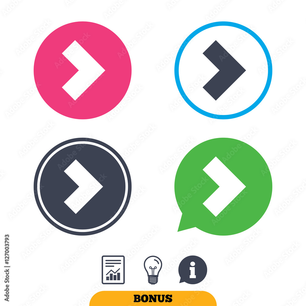 Arrow sign icon. Next button. Navigation symbol. Report document, information sign and light bulb icons. Vector Arrow sign icon. Next button. Navigation symbol. Report document, information sign and light bulb icons. Vector