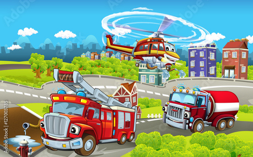 Naklejka Scena kreskówki z różnych maszyn do gaszenia pożarów - ciężarówki i helikopter - kolorowa i wesoła scena - ilustracja dla dzieci