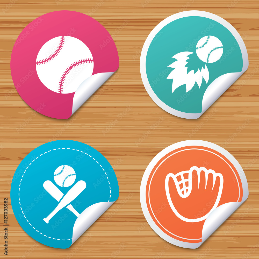 Fireballs Baseball Lettering Round stickers or website banners. Baseball sport icons. Ball with ...