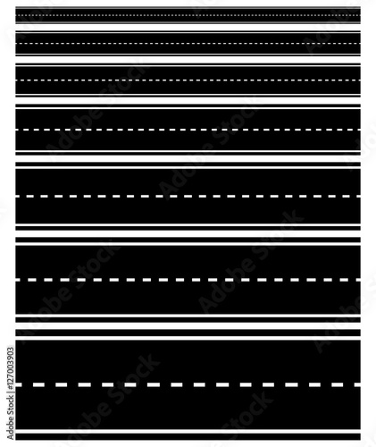 Set of repeatable road shapes with dashed lines