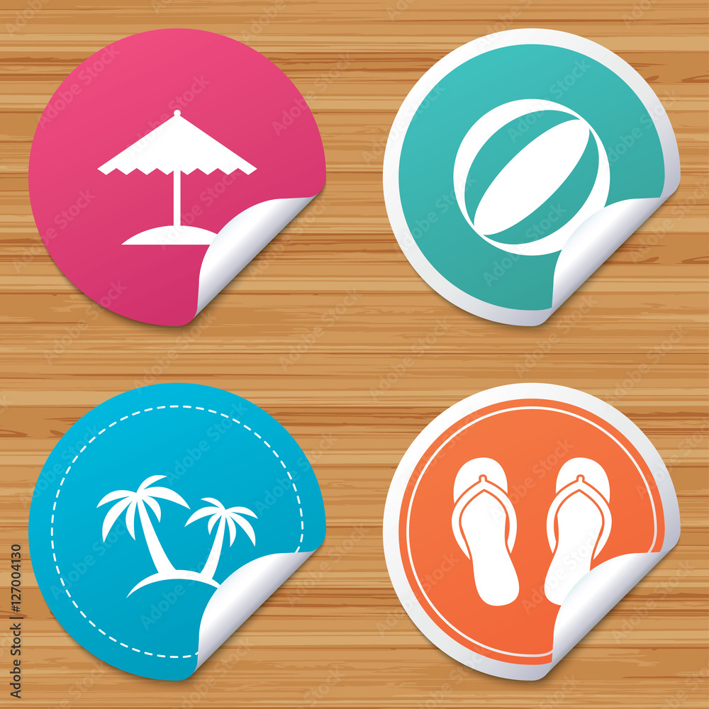 Round stickers or website banners. Beach holidays icons. Ball, umbrella and flip-flops sandals signs. Palm trees symbol. Circle badges with bended corner. Vector