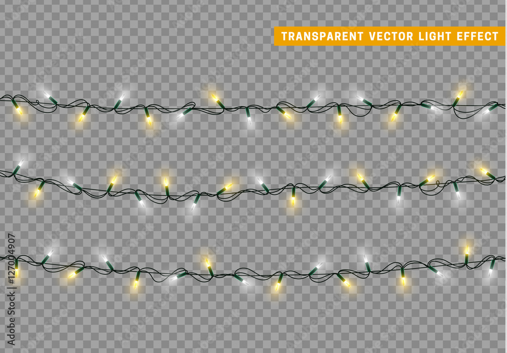 Garlands, Christmas decorations lights effects. Isolated vector design elements. Glowing lights for Xmas Holiday greeting card design. Christmas decoration realistic luminous garland