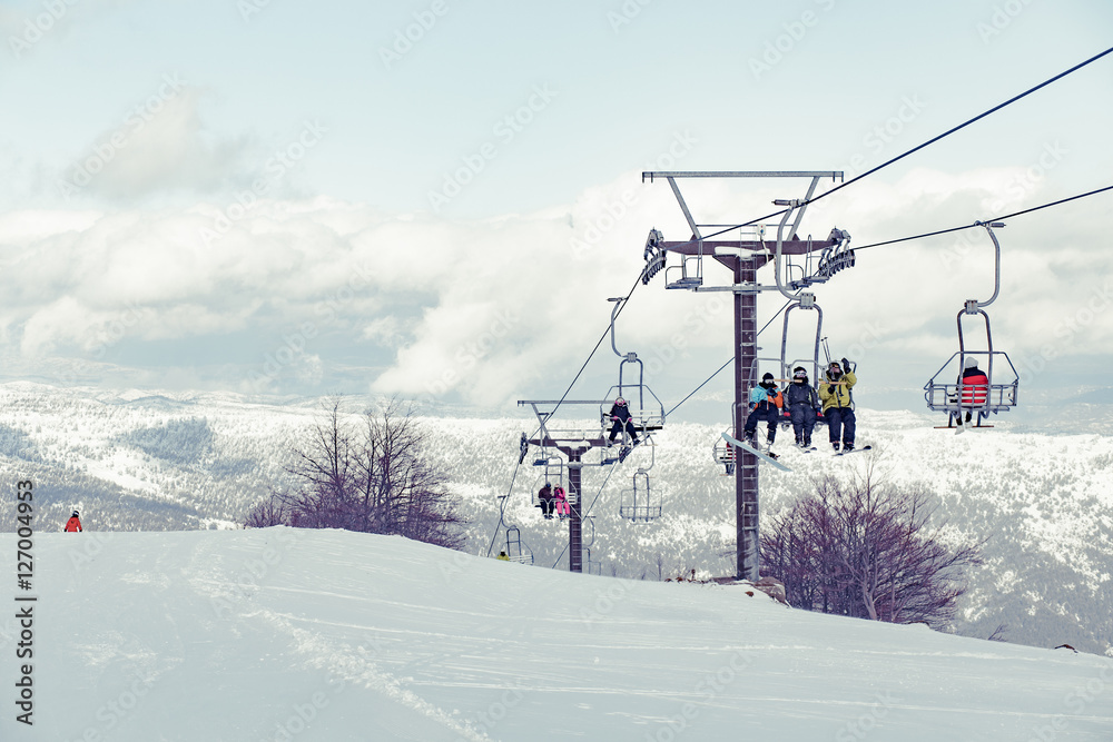 Funicular in ski resort at winter in Greece