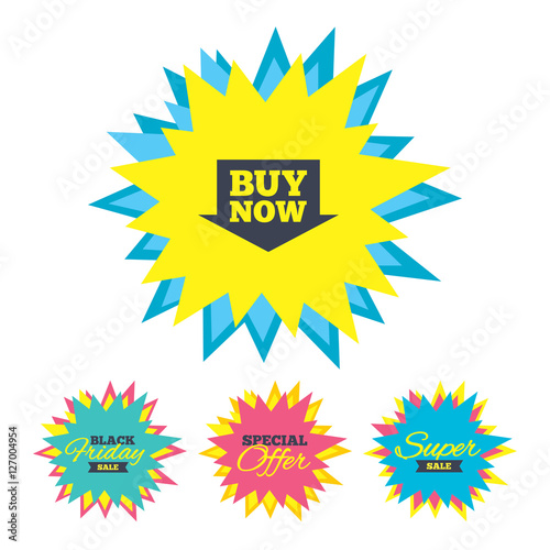 Sale stickers and banners. Buy now sign icon. Online buying arrow button. Star labels. Vector