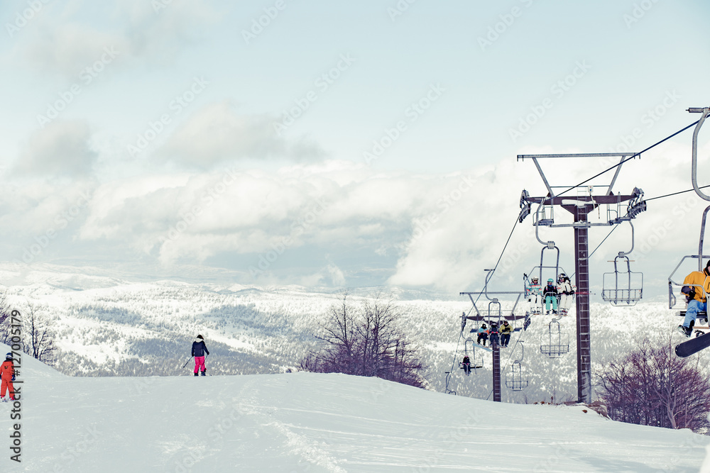 Funicular in ski resort at winter in Greece